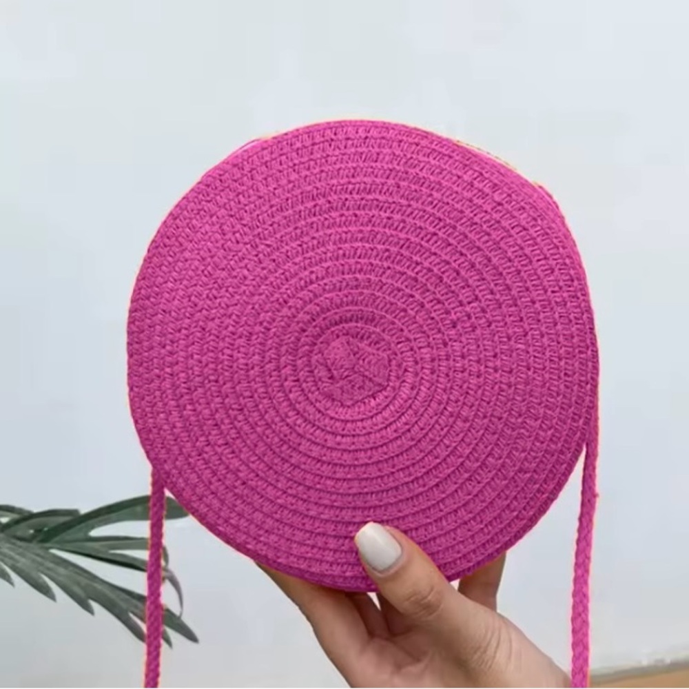 Hot Pink Round Woven Straw Raffia Crossbody Bag Purse Handbag Summer Beach
